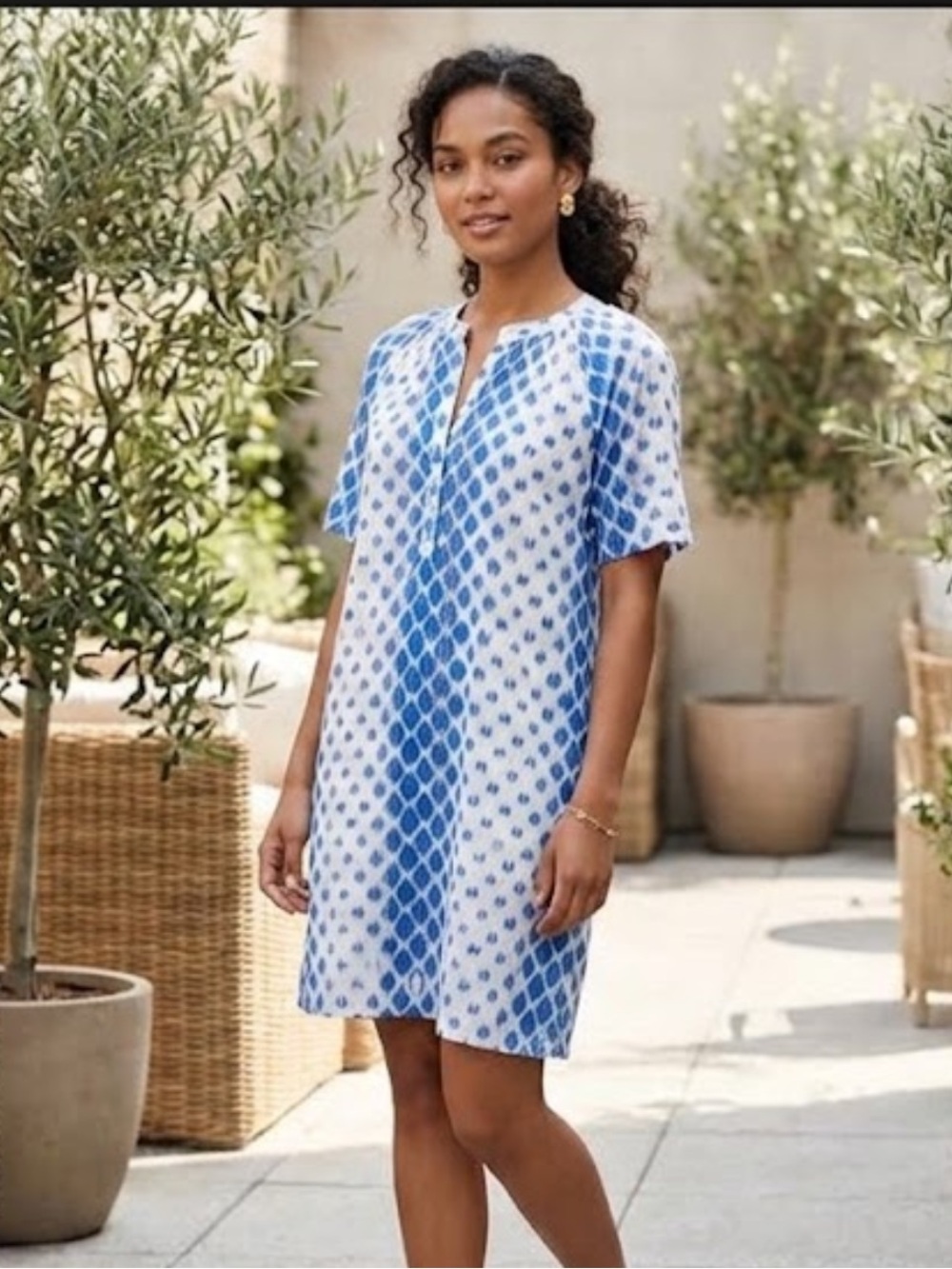 Oliphant Blue and White Abstract Geo Pocket Shirt Dress Size Small